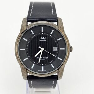 QQ Men's Analog Watch 40MM Black Dial Date New Black Leather Bands New Battery